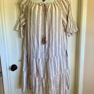 Mlle Gabrielle Off Shoulder‎ Dress in Brown & Gold Vertical Stripes